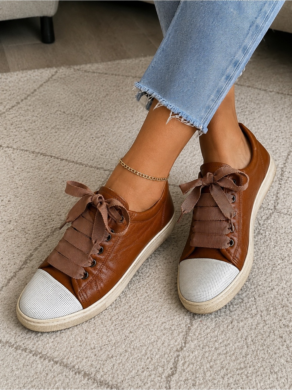 Lanvin Paris Brown Leather Sneakers with White Toe Caps size 37